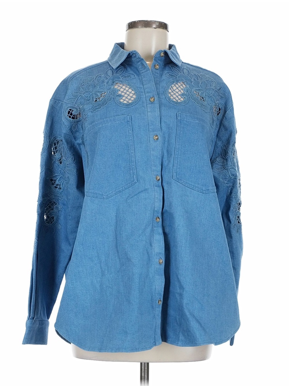 Sezane Light Blue Embroidered Denim Button-Down Shirt